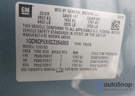 2012 Chevrolet Silverado 1500 Work Truck z USA, uszkodzony, nr VIN 1GCNCPEX6CZ284360